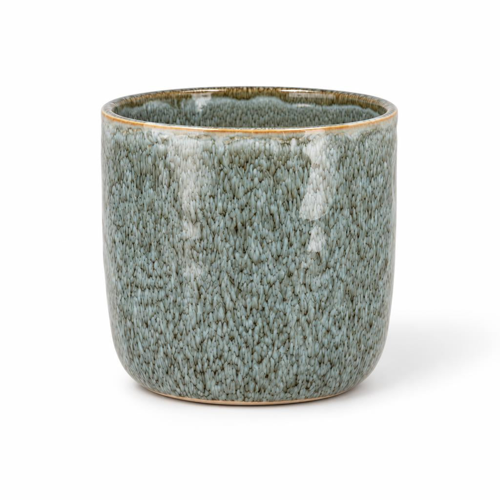 Blue Iron Stone ceramic pot with mottled glaze, rounded sides and a warm-toned rim