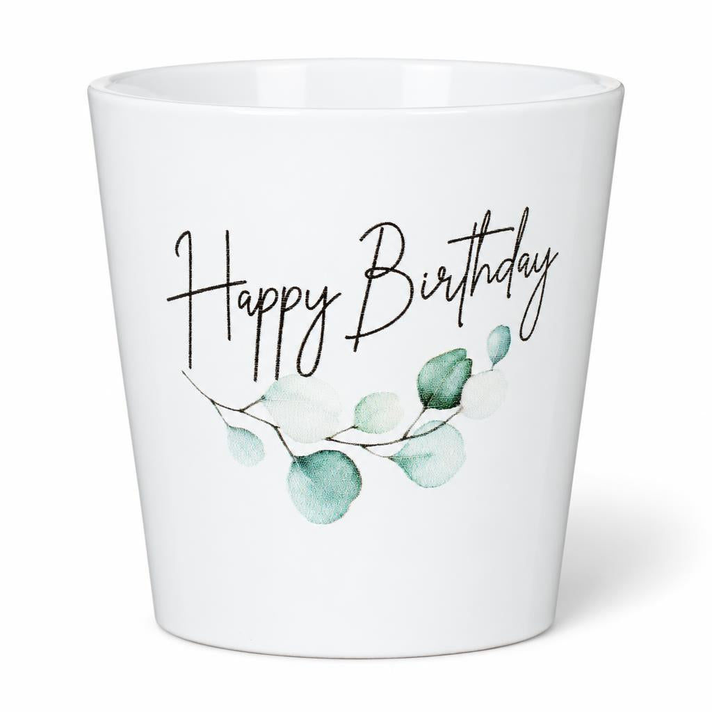 White ceramic Happy Birthday pot with green botanical detailing and a gently tapered shape
