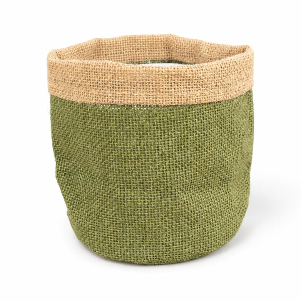 Olive green hessian plant pot with a waterproof inner liner