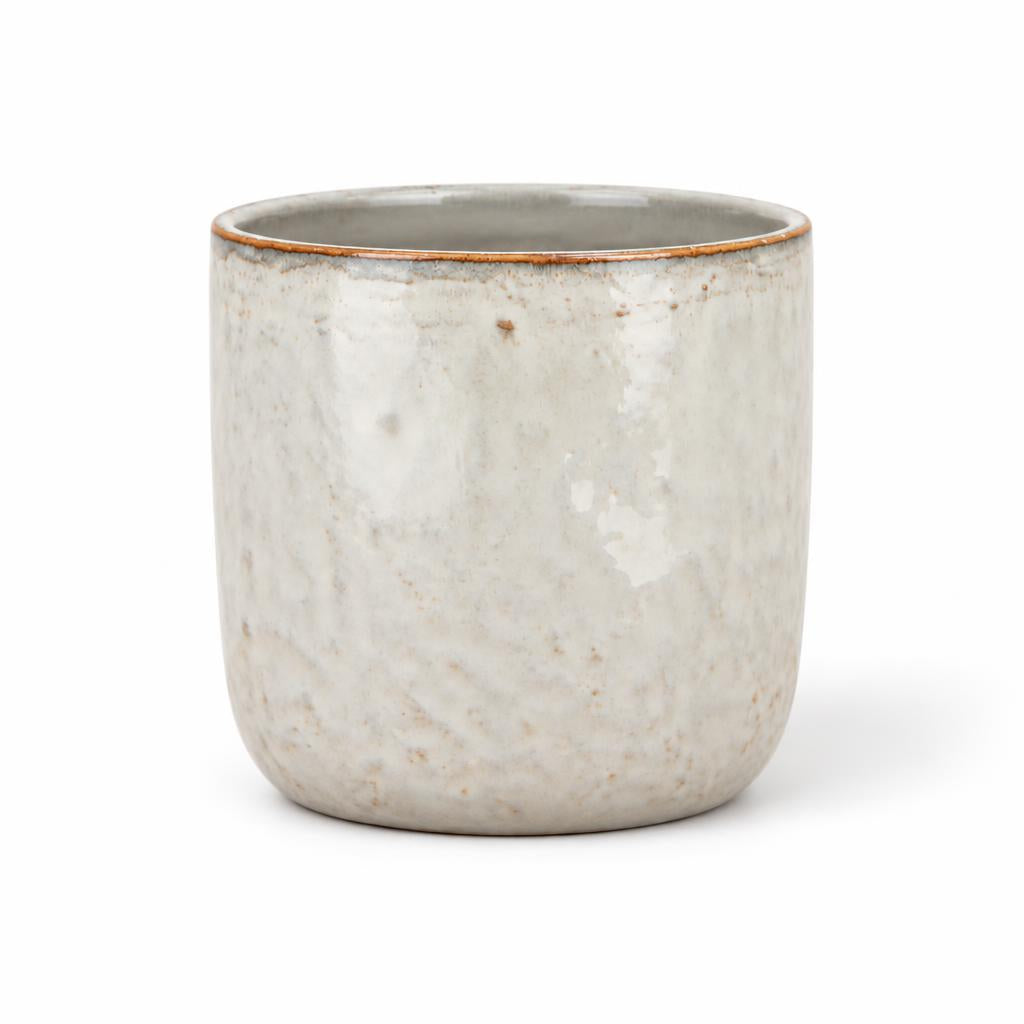 White Iron Stone Pot with grey mottling, earthy speckles and a fine brown rim