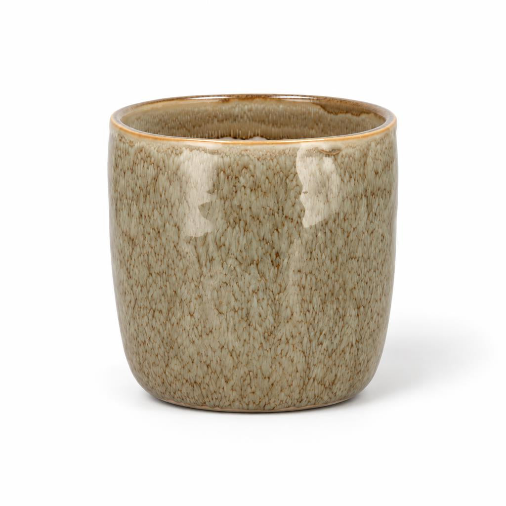 Iron Stone ceramic pot in Sand with textured taupe glaze and caramel-toned rim