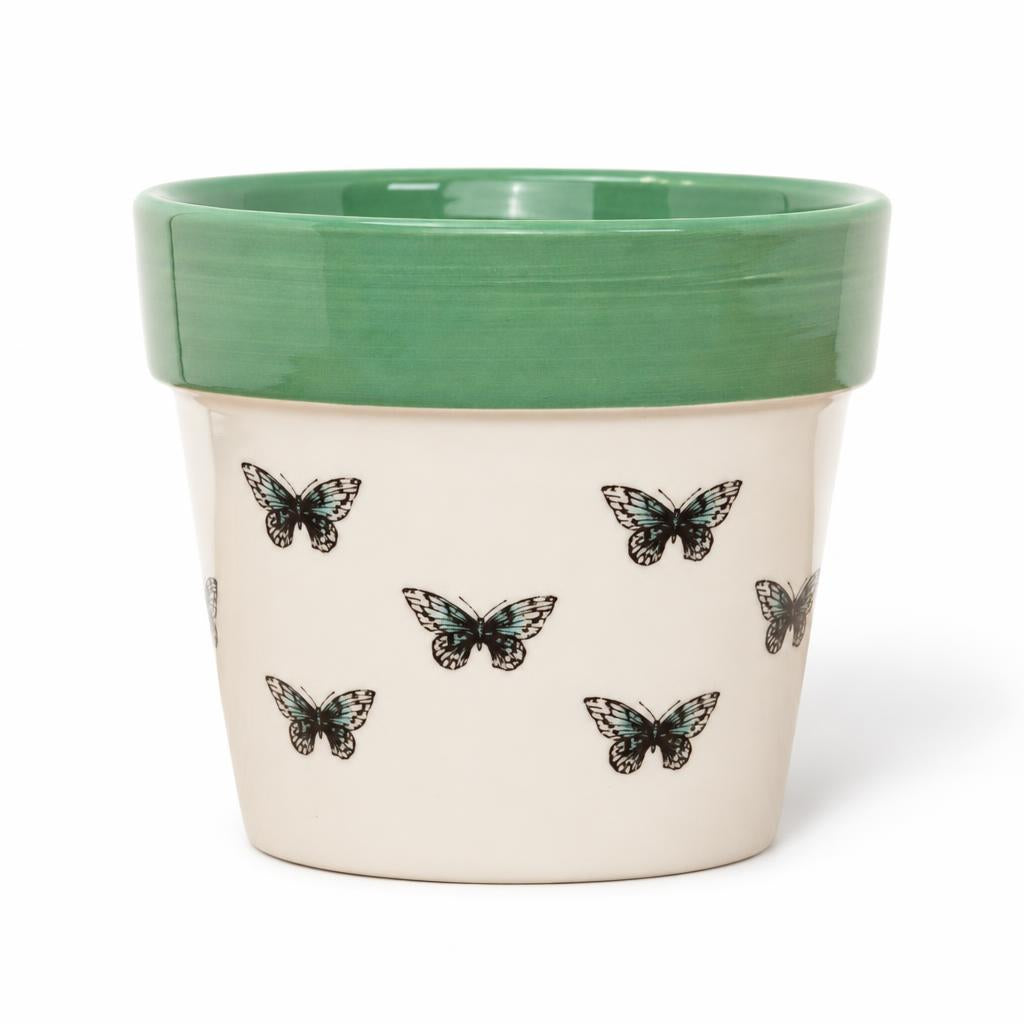 Mint green Butterfly ceramic plant pot with pastel decoration