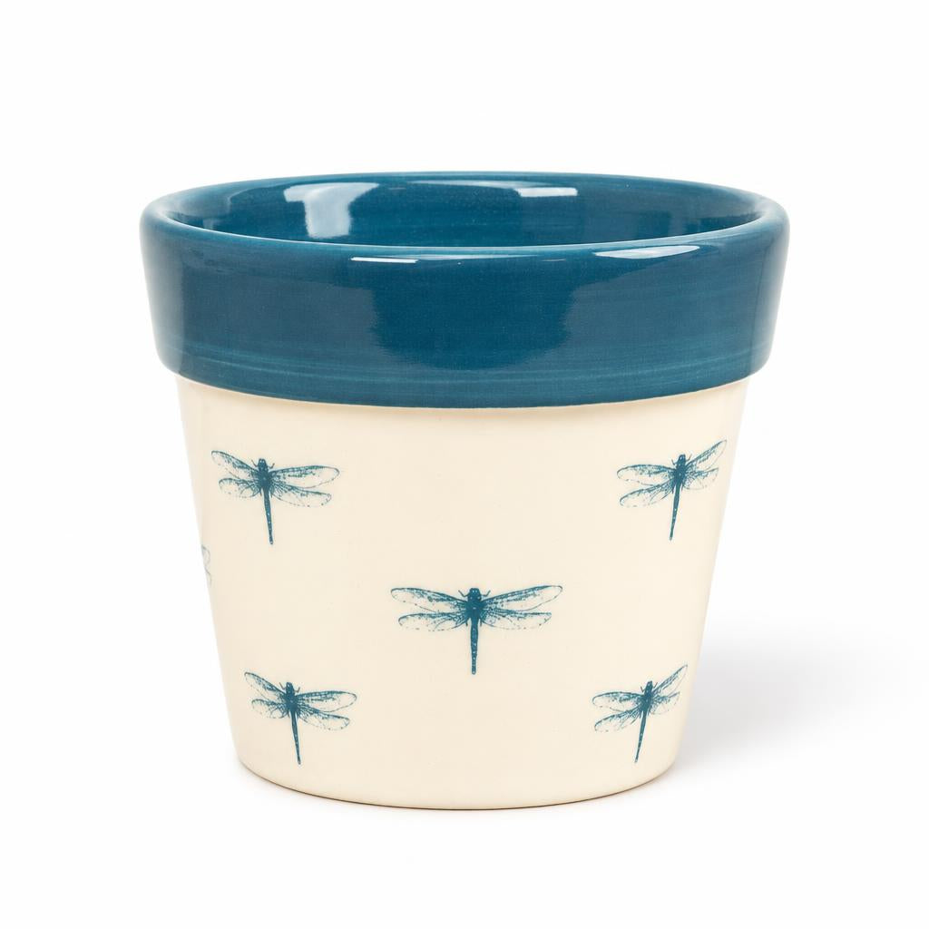 Ocean Blue Dragonfly ceramic pot with a soft white background