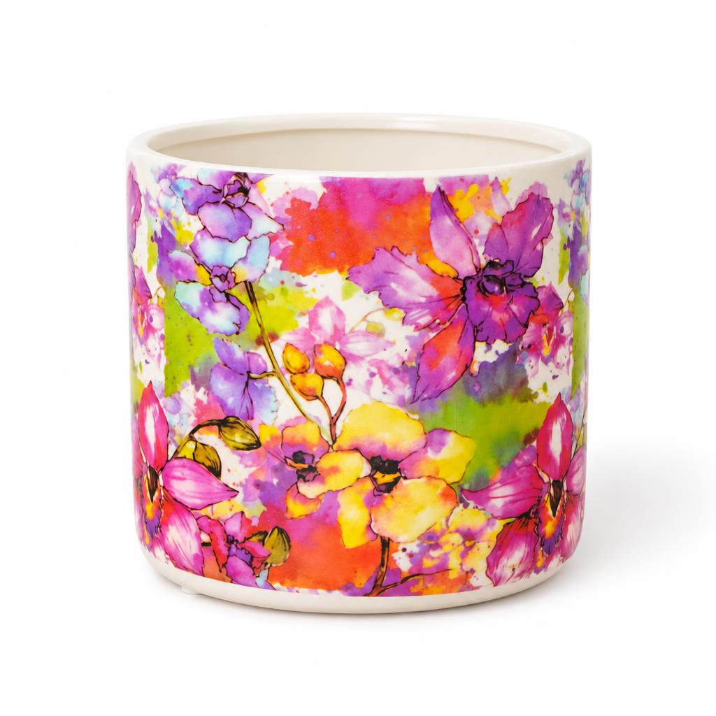 Summer Meadow ceramic pot with a colourful floral design