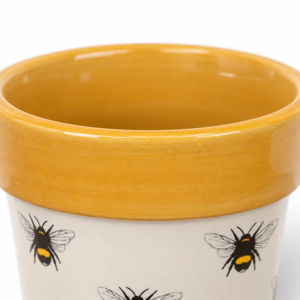 Ceramic Bumble Bee plant pot in yellow, white and black